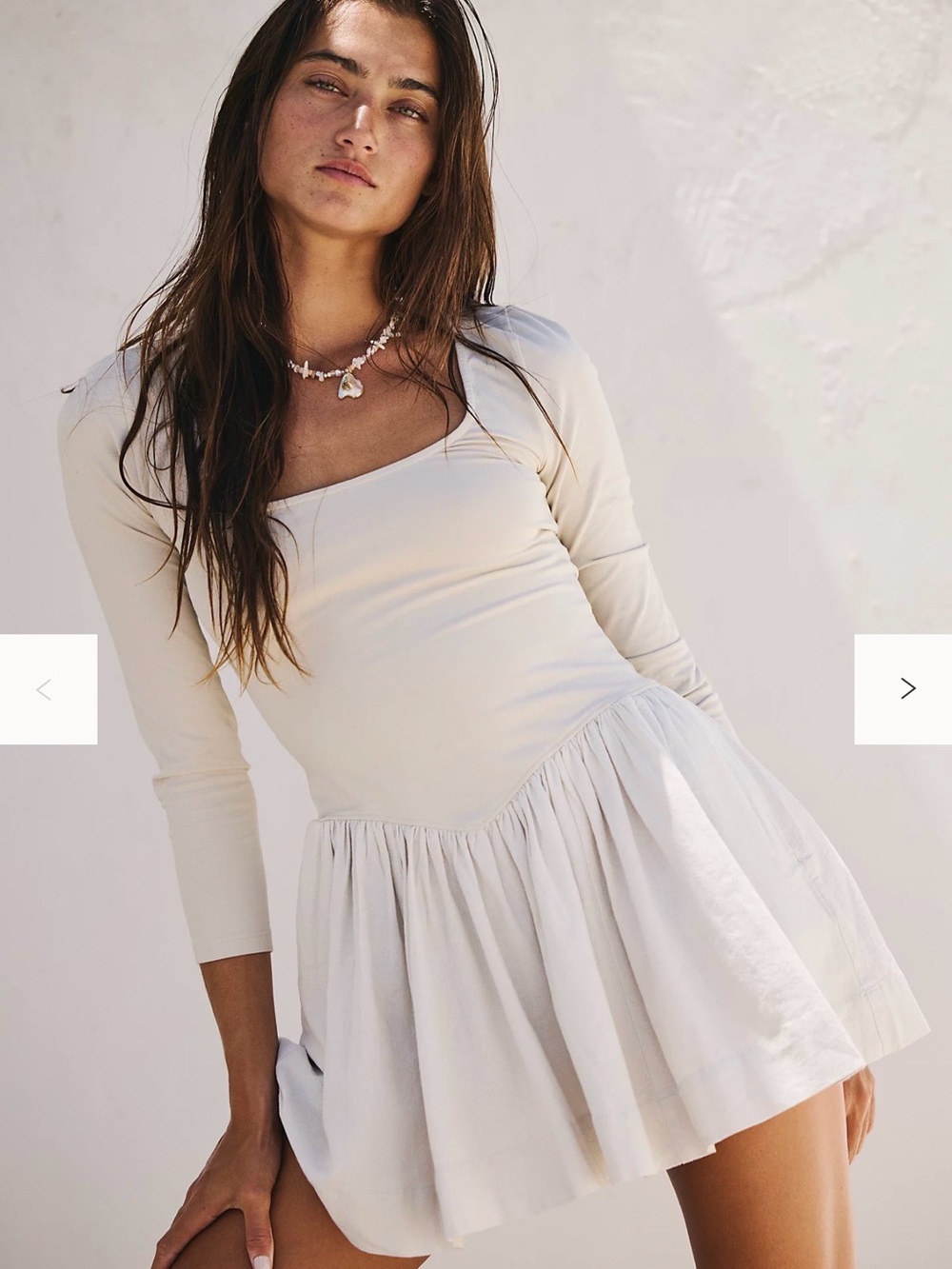 Free People Cream Long-Sleeve Square Neck Mini Dress